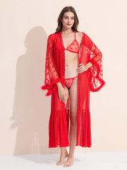 Women's 3-Piece Red Sheer Lace Lingere Set With Robe, Bralette & Thong